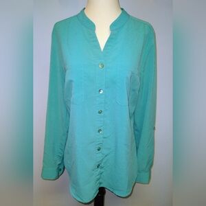 Covington Women's Turquoise Long Sleeve V Neck Button Up Blouse ~ Sz M